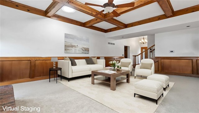 6732 Clairborne Rd, Shawnee, KS 66217 - living area featuring light carpet, coffered ceiling, beam ceiling, a ceiling fan, and wainscoting