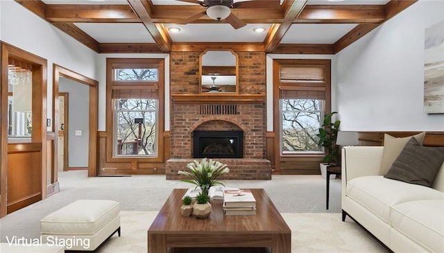 6732 Clairborne Rd, Shawnee, KS 66217 - living room featuring ceiling fan, light carpet, plenty of natural light, beam ceiling, and coffered ceiling