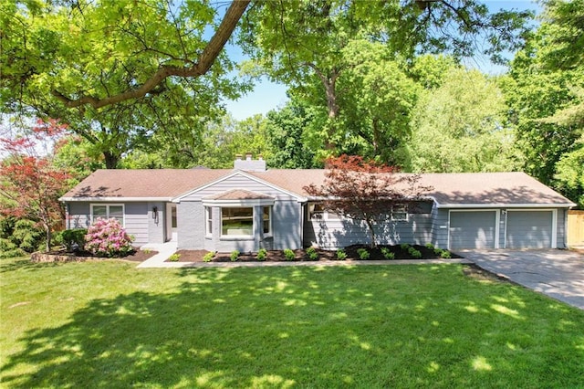 9440 Manor Rd, Leawood, KS 66206 - ranch-style house with a garage, asphalt driveway, a front yard, and a chimney