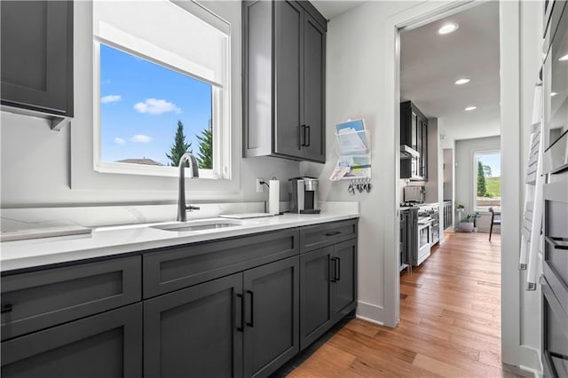kitchen featuring light wood-style floors, a sink, recessed lighting, and gray cabinetry