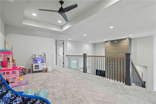 playroom with carpet flooring, recessed lighting, and a ceiling fan
