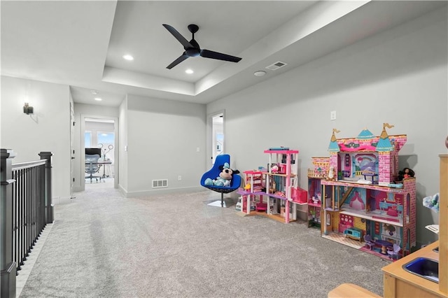 game room featuring visible vents, a ceiling fan, carpet, and recessed lighting