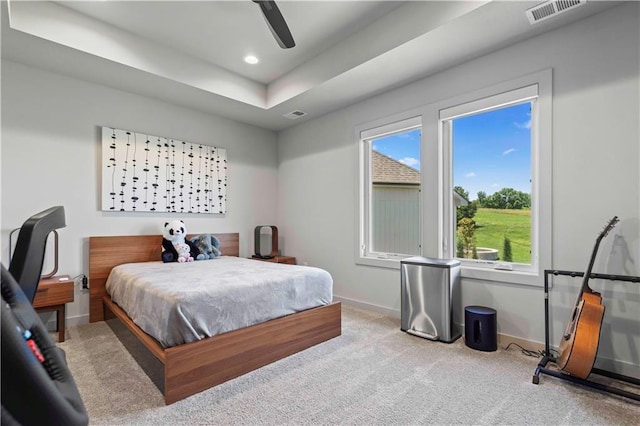 carpeted bedroom with baseboards, a ceiling fan, visible vents, and recessed lighting