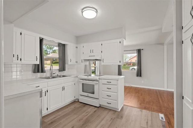 10401 Cypress Dr, Kansas City, MO 64137 - kitchen featuring white electric range oven, a sink, light countertops, white cabinetry, and backsplash