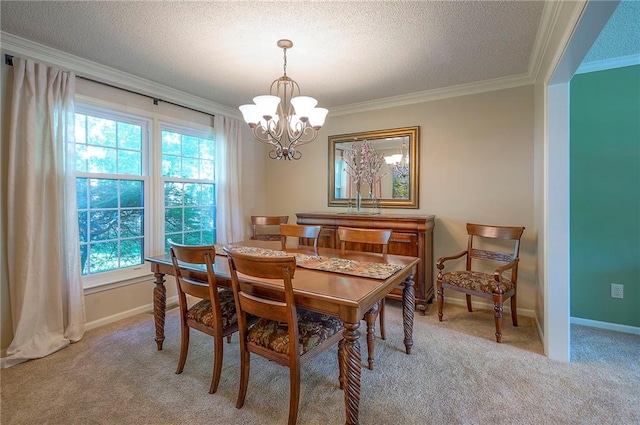 14241 W 113th Ter, Olathe, KS 66062 - carpeted dining space featuring a chandelier, ornamental molding, a textured ceiling, and baseboards