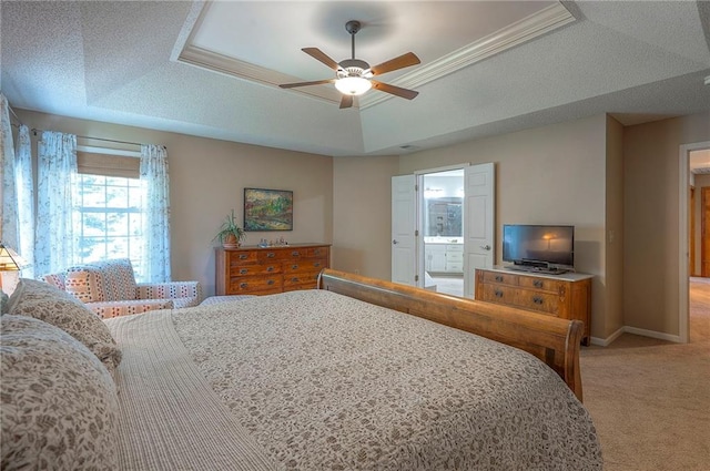 14241 W 113th Ter, Olathe, KS 66062 - bedroom featuring light colored carpet, a raised ceiling, baseboards, connected bathroom, and a ceiling fan