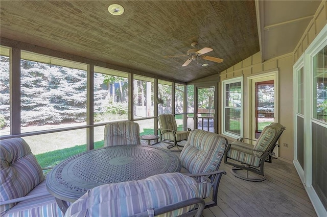 14241 W 113th Ter, Olathe, KS 66062 - sunroom / solarium with a ceiling fan, healthy amount of natural light, vaulted ceiling, and outdoor dining space