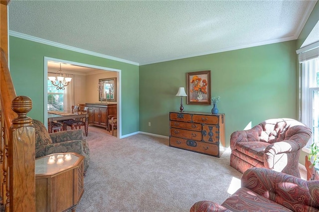 14241 W 113th Ter, Olathe, KS 66062 - living room with a chandelier, a textured ceiling, carpet floors, ornamental molding, and baseboards