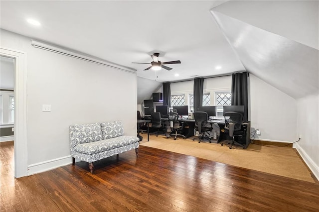 3804 Harrison St, Kansas City, MO 64109 - home office with baseboards, ceiling fan, wood finished floors, and vaulted ceiling