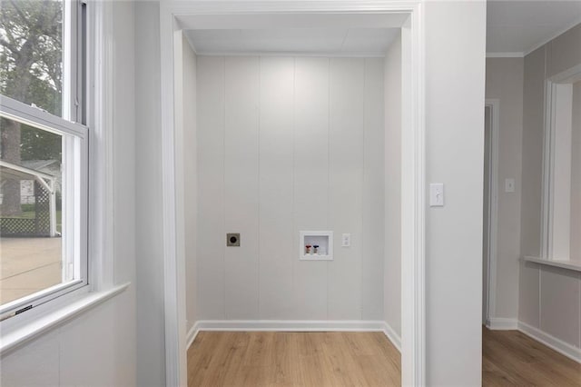 4433 N Jackson Ave, Kansas City, MO 64117 - clothes washing area with laundry area, light wood-style floors, baseboards, washer hookup, and hookup for an electric dryer
