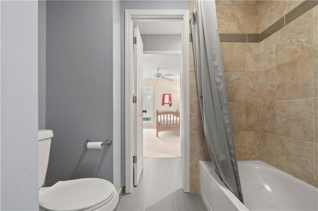 full bathroom with toilet, a ceiling fan, shower / bathtub combination with curtain, and tile patterned flooring