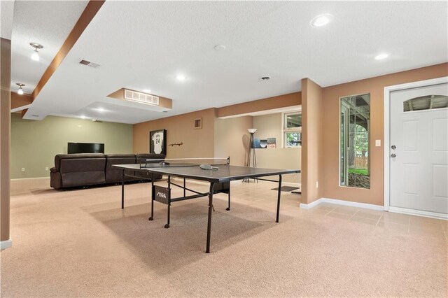 game room featuring light colored carpet, recessed lighting, baseboards, and visible vents