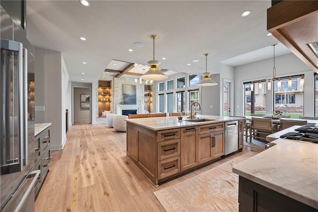 kitchen with a sink, light wood-style floors, a kitchen island with sink, a large fireplace, and stainless steel appliances