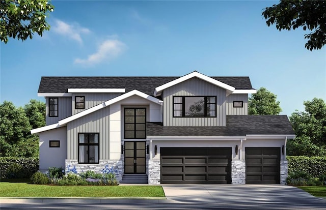 modern farmhouse featuring a garage, a shingled roof, stone siding, and concrete driveway