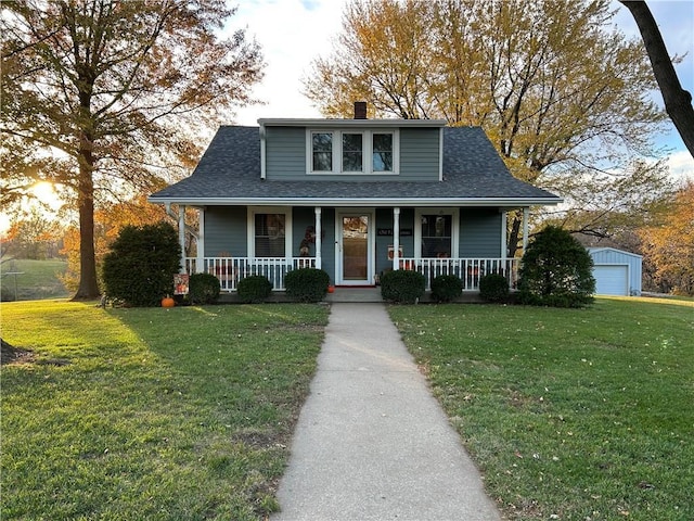 bungalow with a chimney, covered porch, a front lawn, and a shingled roof