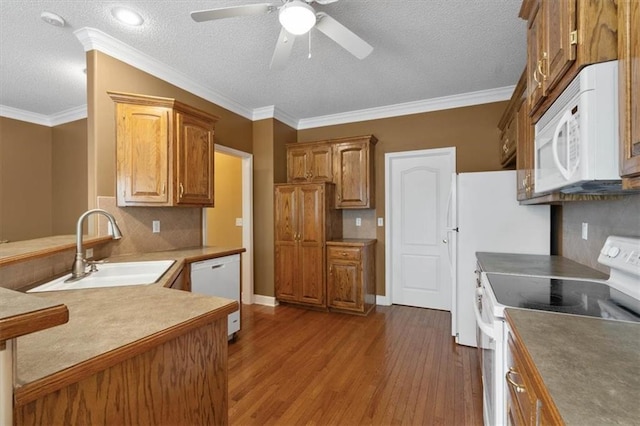 kitchen with a sink, dark wood-style flooring, a textured ceiling, and white appliances