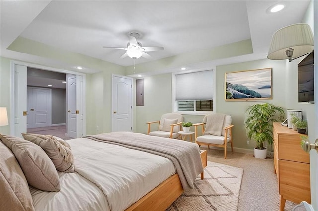 carpeted bedroom featuring recessed lighting, baseboards, and a ceiling fan