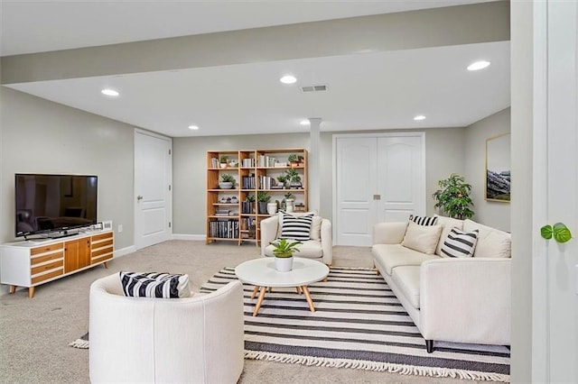 living room with visible vents, carpet flooring, baseboards, and recessed lighting