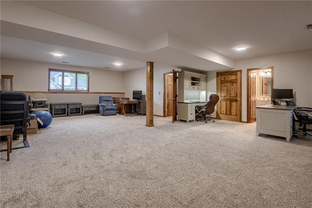 interior space with light carpet, recessed lighting, and visible vents