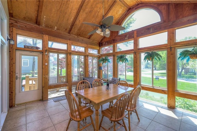 sunroom / solarium featuring tile patterned flooring, plenty of natural light, wooden ceiling, and high vaulted ceiling