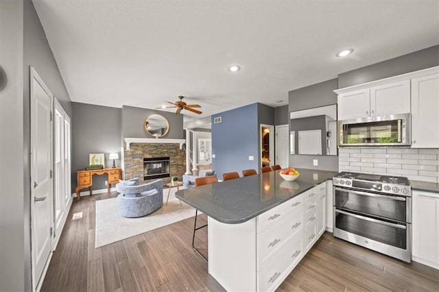 14305 S Gammon Rd, Greenwood, MO 64034 - kitchen with stainless steel appliances, a peninsula, dark countertops, a stone fireplace, and ceiling fan