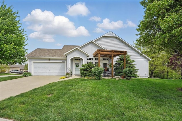 ranch-style house featuring concrete driveway, an attached garage, and a front yard