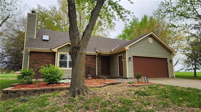 ranch-style house featuring driveway, a chimney, roof with shingles, a garage, and brick siding