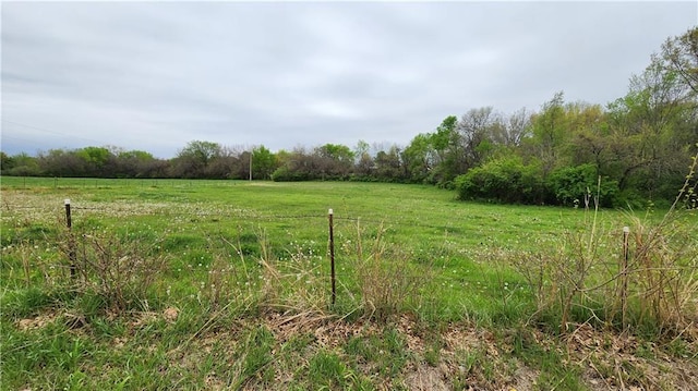 view of yard featuring a wooded view and a rural view
