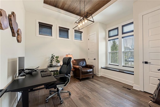 home office featuring an inviting chandelier, visible vents, dark wood-style flooring, baseboards, and wooden ceiling