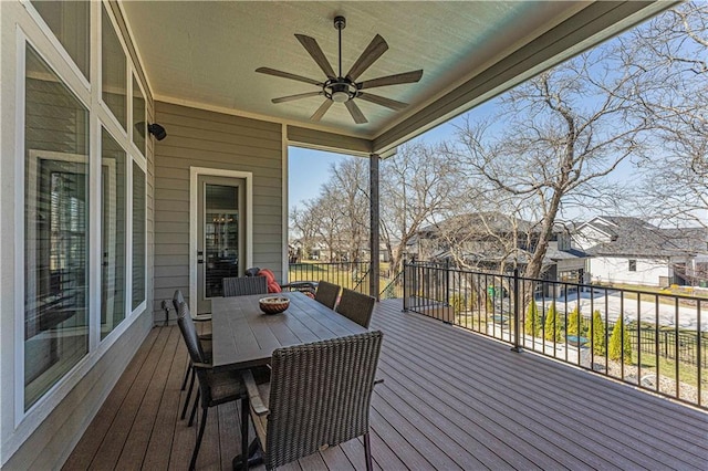 deck featuring a ceiling fan and outdoor dining space