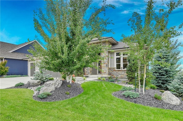 11212 W 170th Pl, Overland Park, KS 66221 - view of front of property featuring stone siding, driveway, a front yard, and an attached garage