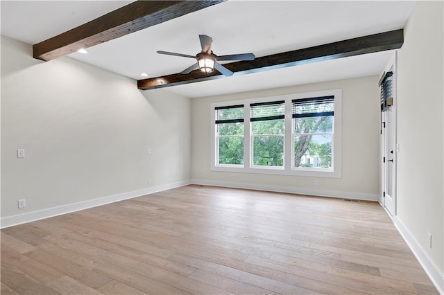 11212 W 170th Pl, Overland Park, KS 66221 - empty room featuring beam ceiling, ceiling fan, baseboards, light wood-style flooring, and recessed lighting