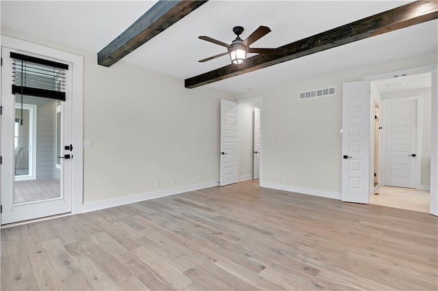 11212 W 170th Pl, Overland Park, KS 66221 - unfurnished room featuring a ceiling fan, beamed ceiling, light wood finished floors, and baseboards