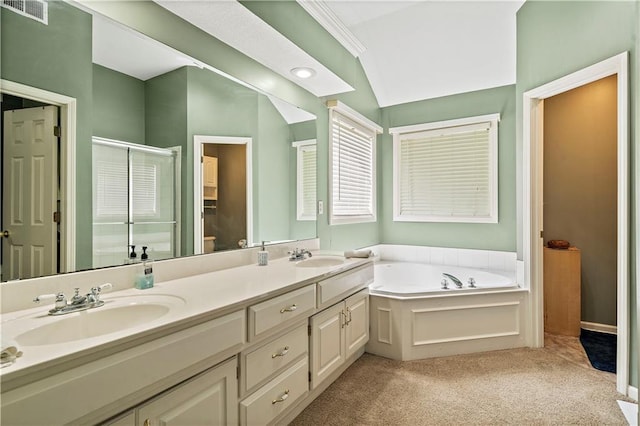 bathroom with visible vents, a sink, vaulted ceiling, and a shower stall