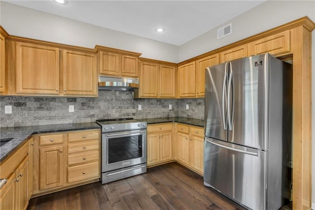 kitchen featuring decorative backsplash, dark wood-style flooring, visible vents, appliances with stainless steel finishes, and under cabinet range hood