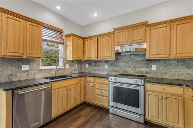 kitchen featuring a sink, under cabinet range hood, dark stone counters, stainless steel appliances, and dark wood-type flooring