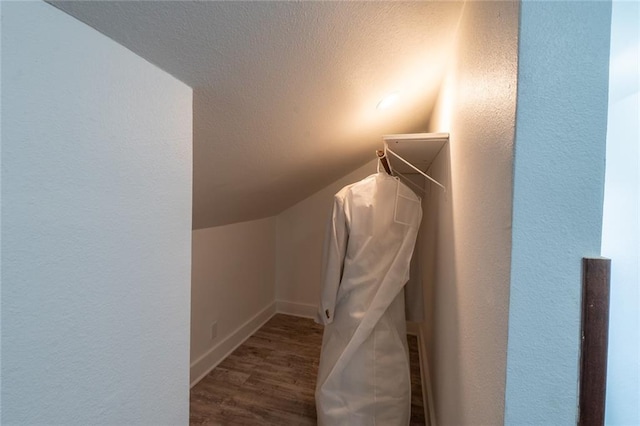 interior space with wood finished floors and vaulted ceiling