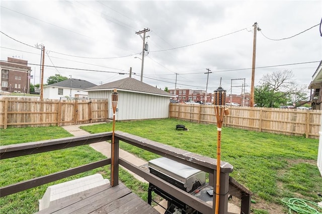 wooden deck with a lawn and a fenced backyard