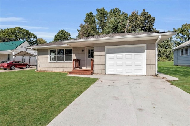 512 W 6th St, Carrollton, MO 64633 - ranch-style home with a front lawn, a garage, a standing seam roof, driveway, and metal roof