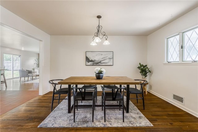 dining space featuring baseboards, dark wood finished floors, and visible vents