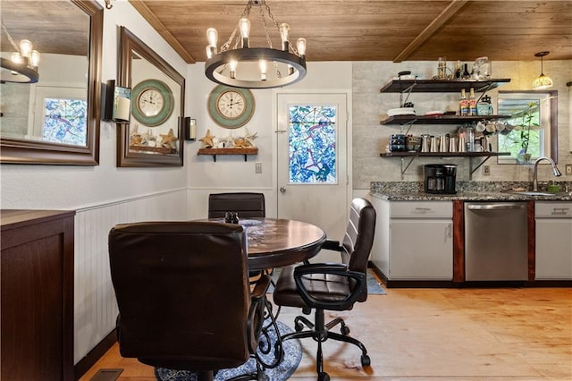 dining room with indoor bar, a notable chandelier, a healthy amount of sunlight, and wood ceiling