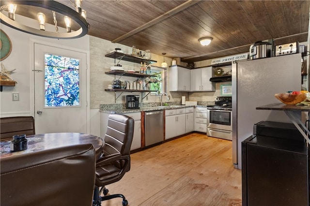 kitchen featuring open shelves, white cabinets, wooden ceiling, a sink, and appliances with stainless steel finishes