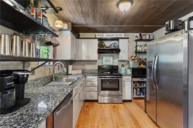 kitchen featuring white cabinets, open shelves, a sink, stainless steel appliances, and wooden ceiling
