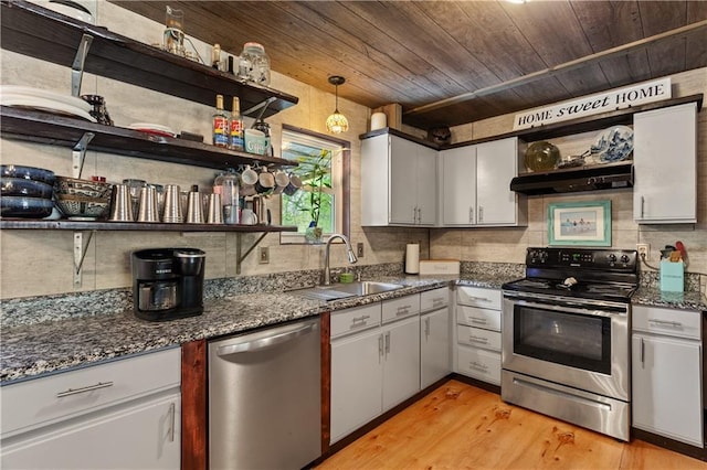 kitchen featuring appliances with stainless steel finishes, open shelves, a sink, wooden ceiling, and under cabinet range hood