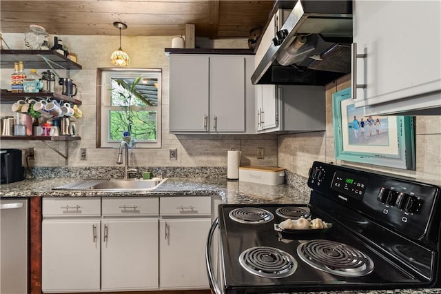 kitchen featuring electric range, a sink, white cabinetry, under cabinet range hood, and stainless steel dishwasher