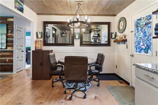 dining space with a notable chandelier, wainscoting, wood ceiling, and wood finished floors