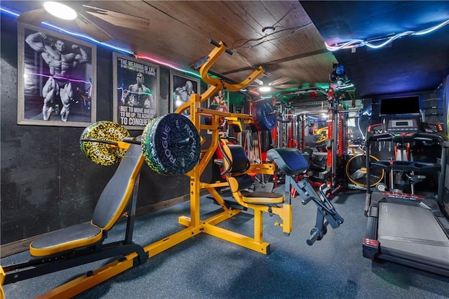 gym with wood ceiling