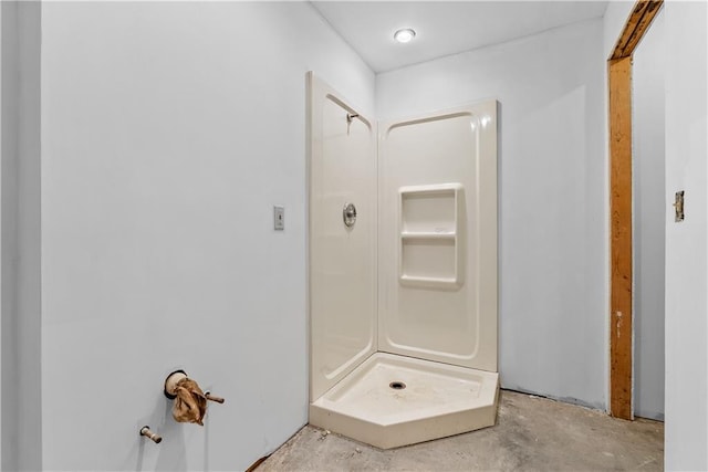 9629 N Locust Dr, Kansas City, MO 64155 - bathroom with concrete flooring and a shower stall