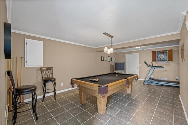 recreation room featuring dark tile patterned floors, baseboards, ornamental molding, and billiards