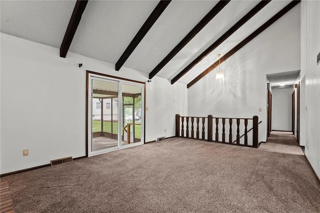 18104 E 24th St S, Independence, MO 64057 - unfurnished living room with beam ceiling, carpet flooring, high vaulted ceiling, and a textured ceiling